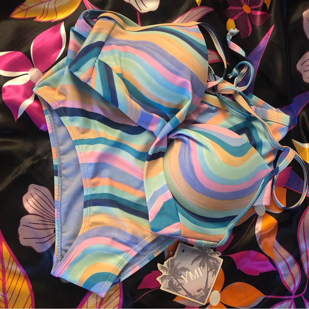 Multicoloured High Waisted Bikini with Crisscross Front Halter Push-up Top